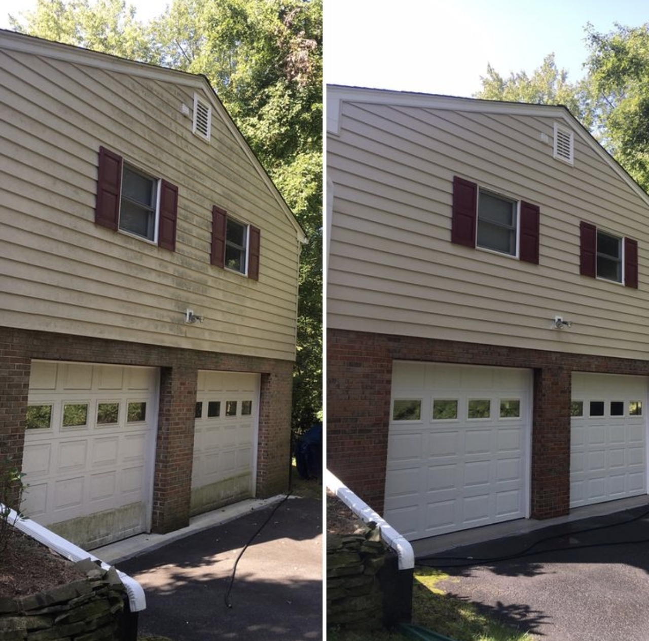 Before and after pressure washing of a home exterior
